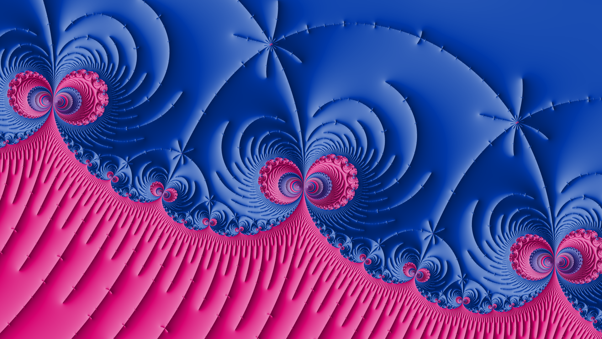 a mandelbrot fractal render with the colors of the bi pride flag